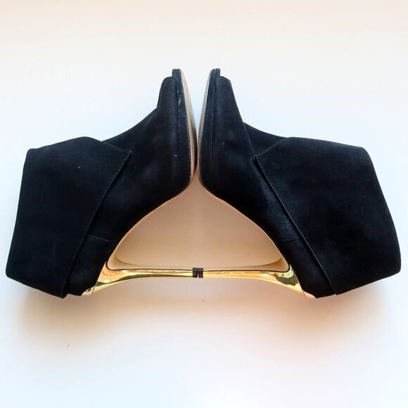 Michael Kors Black Suede Leather Peep Toe Gold Heel Ankle Boots / Booties Sz. 10 - Picture 11 of 16